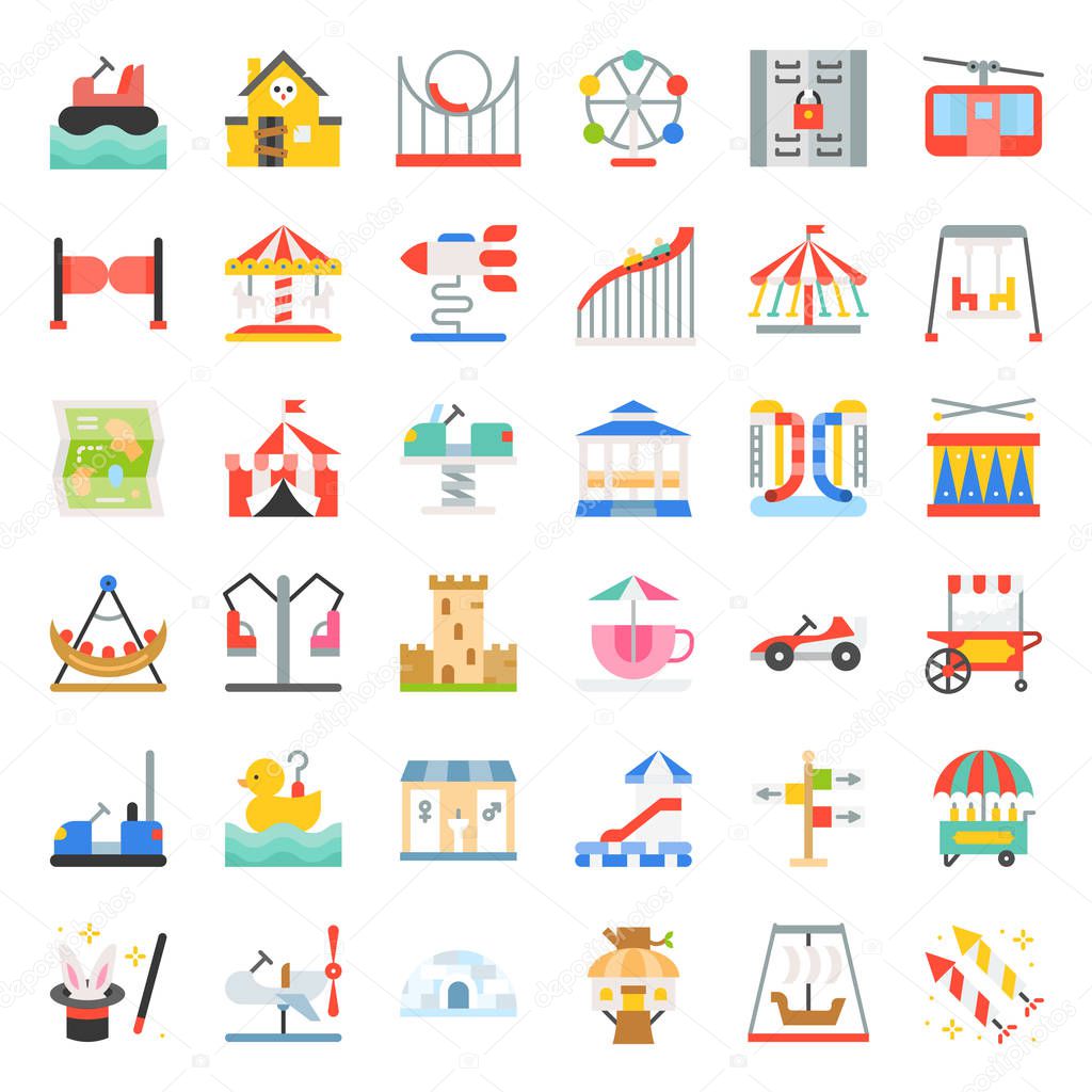Amusement park icon and coin operated ride, flat design icons set