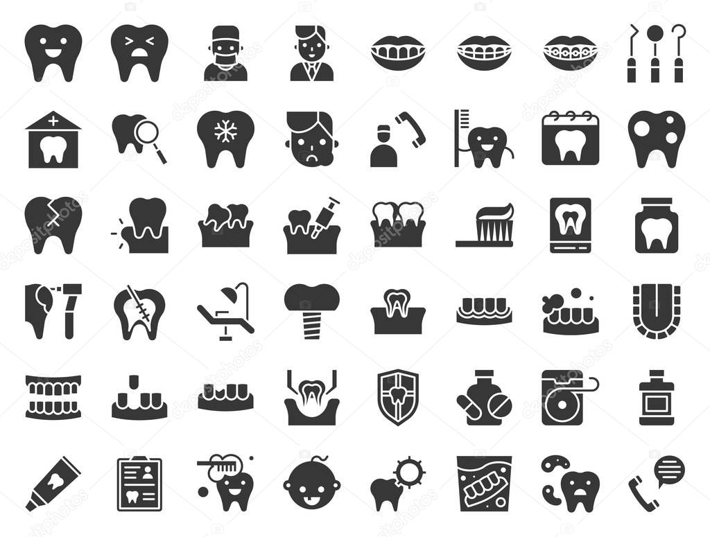 Dentist and dental clinic related icon, such as toothbrush, tooth decay, make an appointment, teeth whitening, dental instruments, dentures, dental floss, filled outline icon
