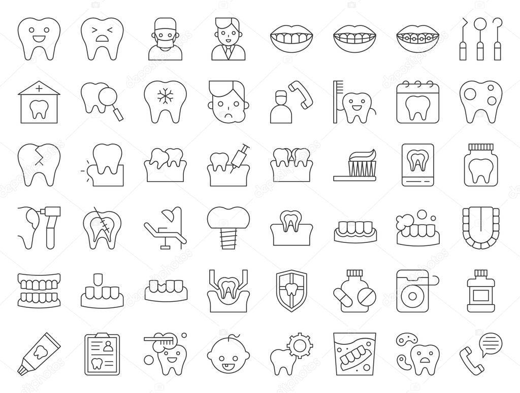 dentist and dental clinic related icon, such as toothbrush, tooth decay, make an appointment, teeth whitening, dental instruments, dentures, dental floss, filled outline icon