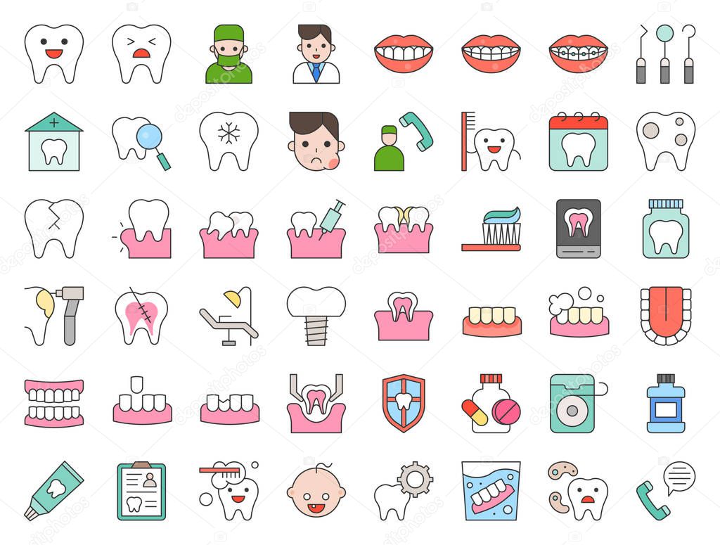dentist and dental clinic related icon, such as toothbrush, tooth decay, make an appointment, teeth whitening, dental instruments, dentures, dental floss, filled outline icon