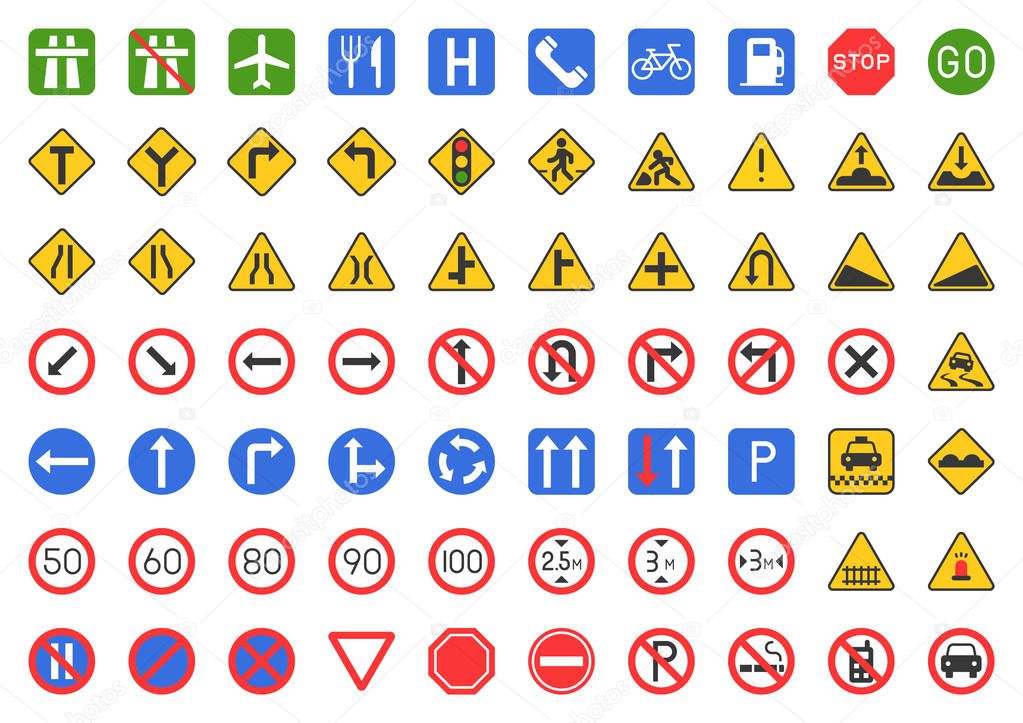 collection of traffic signs isolated on white