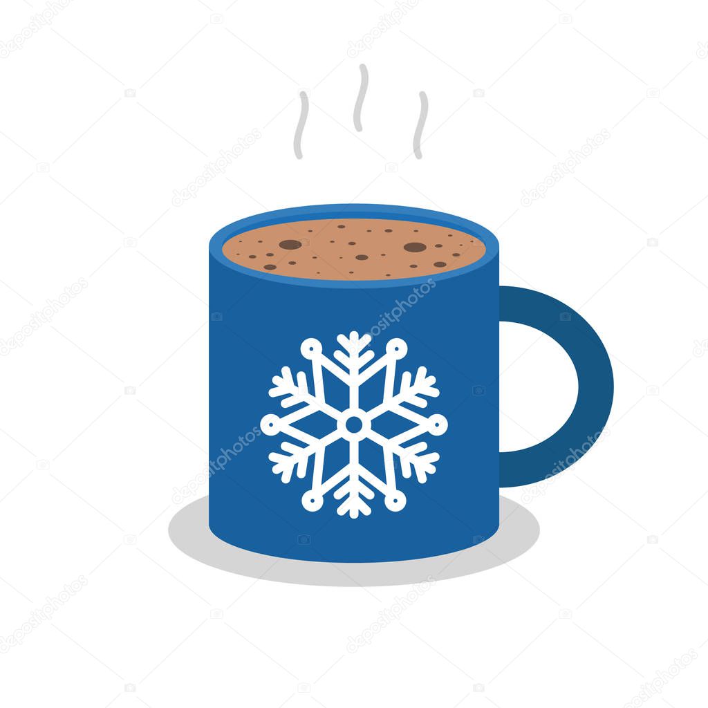 cup of hot coffee with drawing snowflake isolated on white