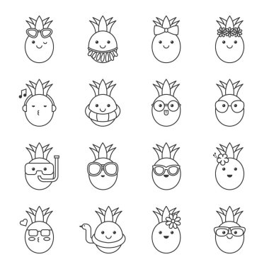 yaz plaj Tema yüzmek yüzük, güneş gözlüğü, kulaklık, Hawaii kostüm gibi yüzüne ile tatlı ananas