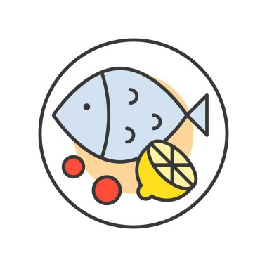 Balık ve beyaz arka plan üzerinde izole limon ile renkli plaka vektör çizim