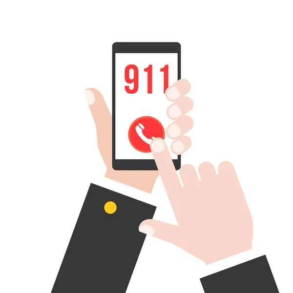 Cropped Image Businessman Pressing Call 911 Smartphone Isolated White — Stock Vector