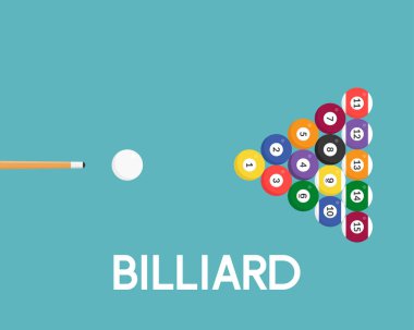 renkli farklı Bilardo topları ve mavi arka plan üzerinde kelime Bilardo