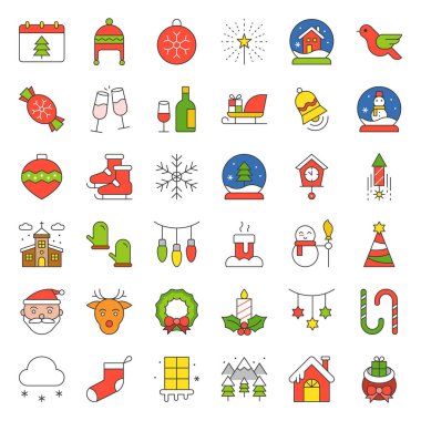 Neşeli Noel cam top koleksiyonu, kardan adam, kar taneleri, yılbaşı ağacı, ev, düz tasarım