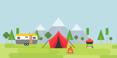 Araba, çadır ve arka plan açık havada dağlardaki