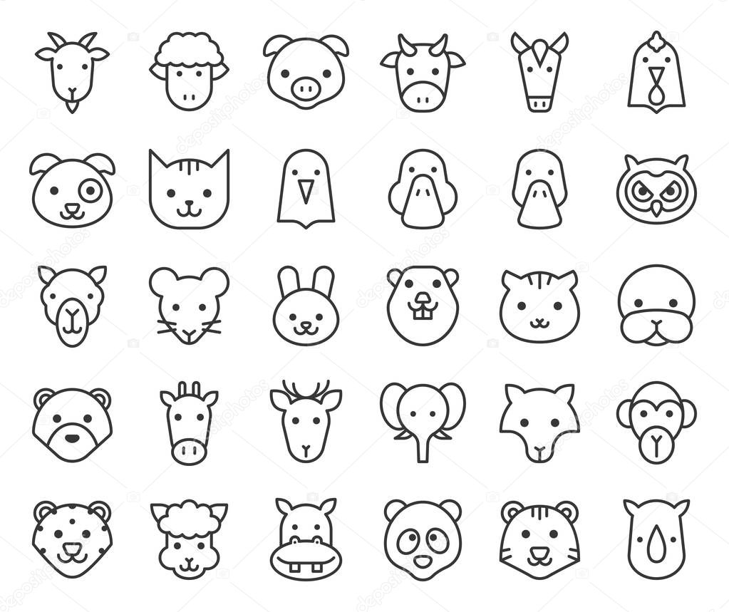 cute animal face included farm, forest and African animals, filled outline design