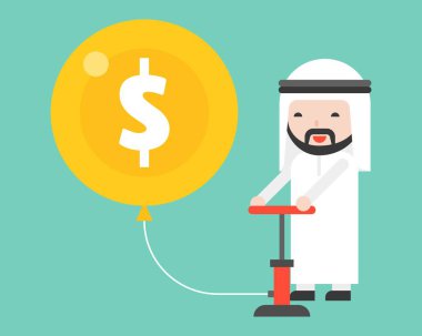 Pompalama para hava balonu, iş durum kavramı enflasyon para, düz tasarım şirin Arap iş adamı