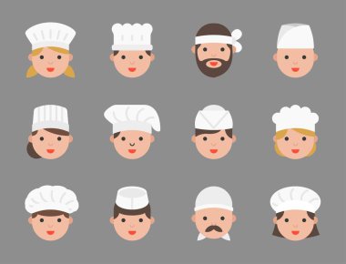 Çeşitli pasta şefi, İtalyan Şef, Japon Şef, düz tasarım simgesi gibi sevimli şef avatar