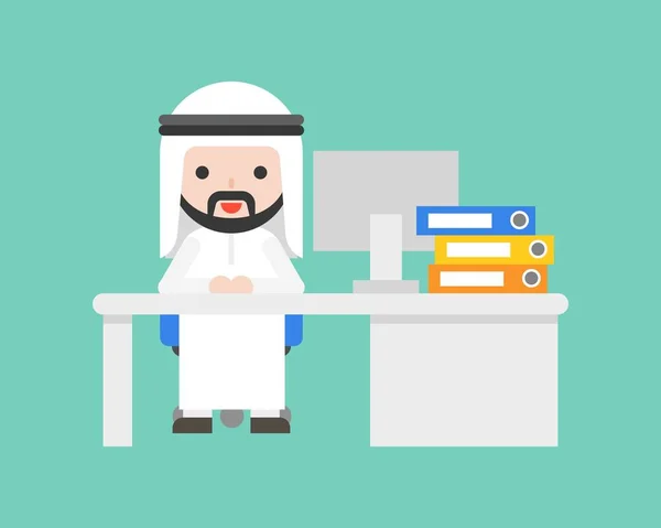Niedliche Arabische Geschäftsmann Schreibtisch Sitzen Geschäftslage Arbeitsplatzkonzept Flaches Design — Stockvektor