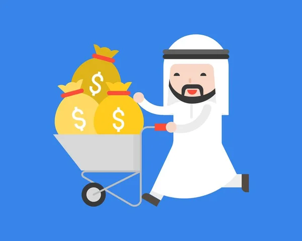 Ευτυχισμένος Χαριτωμένο Αραβικά Επαγγελματίες Man Push Καλάθι Που Γεμάτη Χρήματα — Διανυσματικό Αρχείο