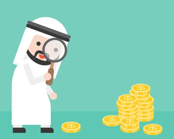 Χαριτωμένο Άραβας Επιχειρηματίας Ψάχνει Χρήματα Μέσα Από Μεγεθυντικό Φακό Επιχειρηματική — Διανυσματικό Αρχείο