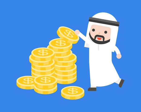 Χαριτωμένο Αραβικά Επιχειρηματίας Θέσει Χρυσά Νομίσματα Σωρό Χρήματα Επιχειρηματική Κατάσταση — Διανυσματικό Αρχείο
