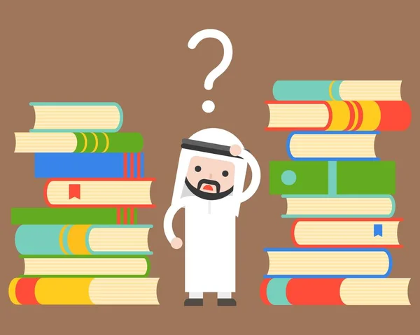 Cute Arab businessman standing confused doubt face between stack of books , business situation knowledge and wisdom concept, flat design