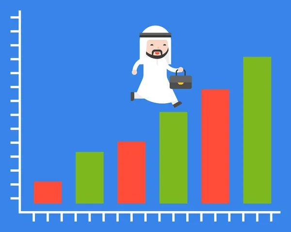 Cute Arab businessman running on bar chart graph, business situation company or financial growing concept, flat design