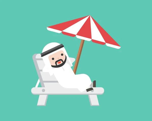 Schattig Arabische Zakenman Vast Strand Bankje Onder Parasol Situatie Reizen — Stockvector