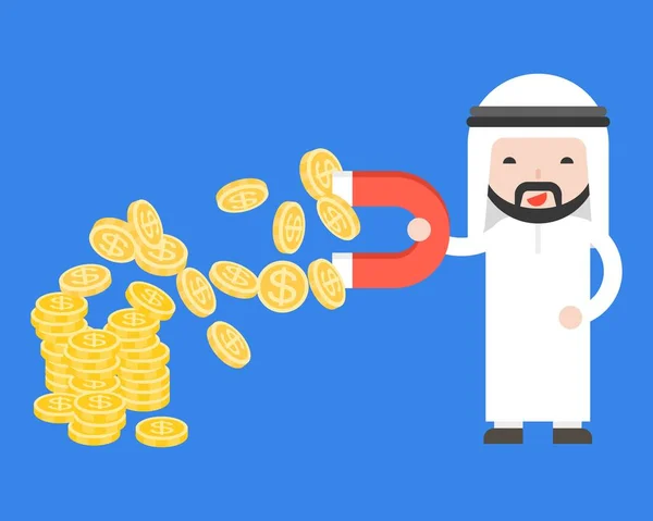Χαριτωμένο Αραβικά Επιχειρηματία Χρήση Μαγνήτης Έλξης Χρυσό Κέρματα Επιχειρηματική Κατάσταση — Διανυσματικό Αρχείο