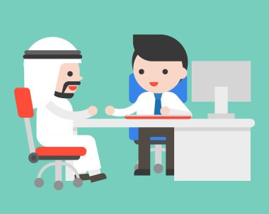 Arap işadamı işadamı ile başvurun ofis masası, düz illüstrasyon