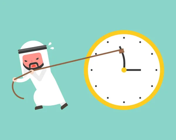阿拉伯商人努力用绳子拉回分针反时针 平面设计矢量转背时间概念 — 图库矢量图片