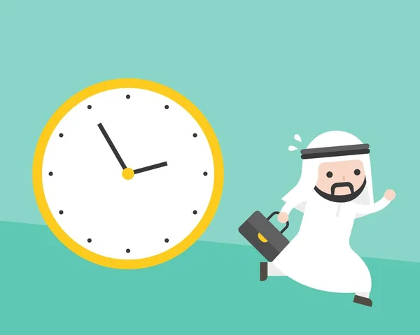 Arab businessman running from big clock follow him, flat design vector rushing hours and deadline concept
