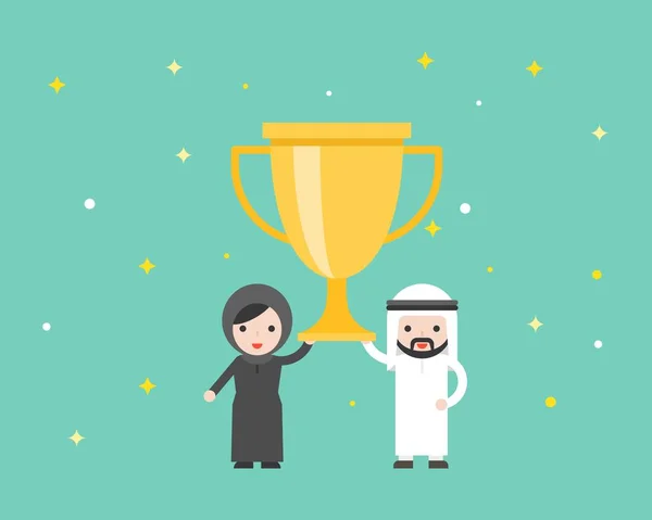 Арабский Бизнесмен Арабская Женщина Обладающая Большой Золотой Наградой Векторным Успехом — стоковый вектор