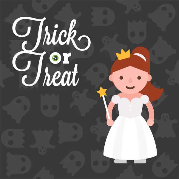 halloween character girl in angel costume on ghost background, flat design  for use as poster or invitation card