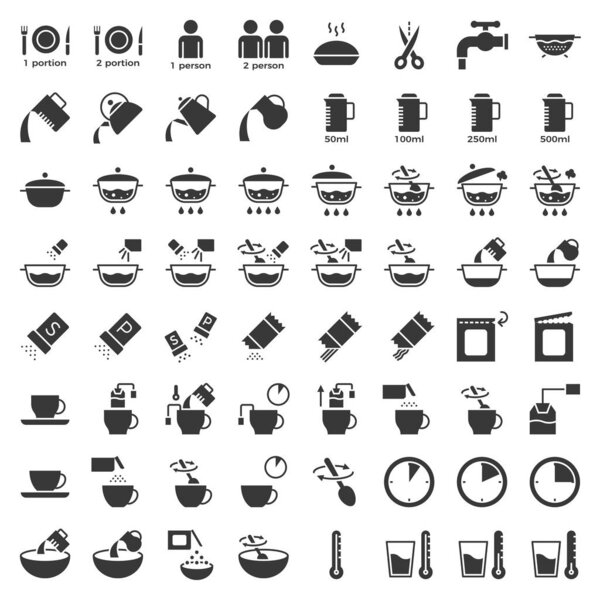 cooking instruction solid icon, material for use in package and container