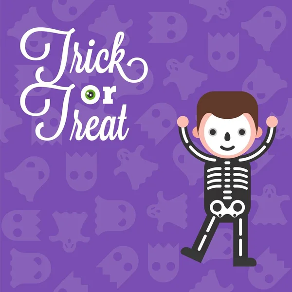 Halloween Karaktär Skelett Pojke Kostym Ghost Bakgrund Platt Design För — Stock vektor