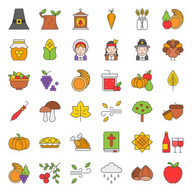 Şükran günü ve sonbahar ilgili simge büyük seti, düzenlenebilir kontur anahat dolu