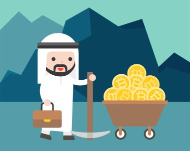 Arap işadamı bitcoin para sepeti, cryptocurrency incelemesi kavramı, vektör çizim ile bir kazma tutun