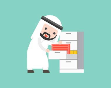 Arap işadamı çekmecede, karakter ofis durum düz tasarım kullanıma hazır belge dosyaları bulma