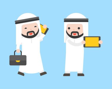 Arap işadamı ve cep telefonu, tablet, düz tasarım karakter kullanıma hazır gibi gadget