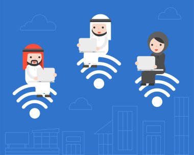 WiFi sembolü oturan ve dizüstü bilgisayar kullanarak Arap iş adamları, arka, bina anahat üzerinde çalışan iş bağlantı kavramı, düz tasarım
