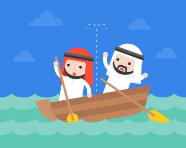Arab Businessman in small leaky boat in ocean, crisis business situation concept flat design clipart
