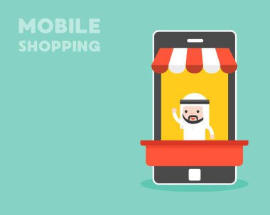 Arab Businessman in mobile stall, mobile shopping concept, flat design clipart