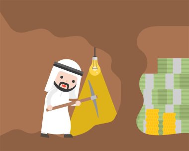 Arap işadamı mağara para, araştırma düz tasarım bulmak için kazı kazma ile