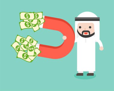 Arap işadamı banknotlar, zengin düz tasarım konsepti yığını çekmeye mıknatıs tutun