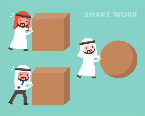 Smart work concept, Arab businessman rolling sphere rock while another businessman hard work by pushing cube stone, flat design