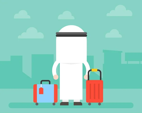 アラブのビジネスの男性と背景 起動時または旅のコンセプト フラットなデザインを構築すると荷物の裏側します — ストックベクタ