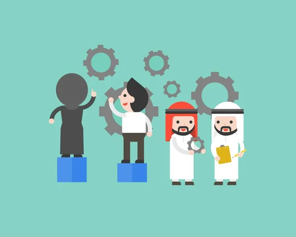 Arabiska Människor Underhåll Växel Vektor Inställning Och Underhåll Fabriken Maskin — Stock vektor