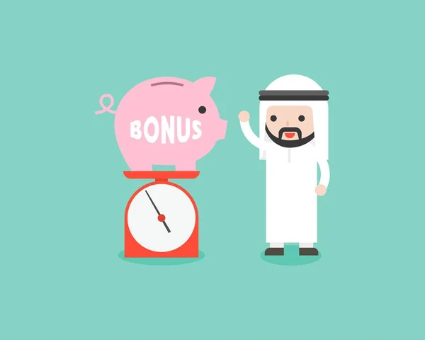 Arabský Obchodník Váha Prasátko Měřítku Naváží Šetří Peníze Bonus Koncept — Stockový vektor