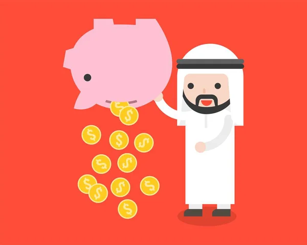Άραβας Επιχειρηματίας Που Μεταφέρουν Κουμπαρά Και Χρυσά Νομίσματα Εξοικονόμησης Χρημάτων — Διανυσματικό Αρχείο
