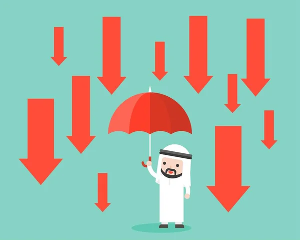 Arabische Zakenman Houden Een Paraplu Met Beneden Pijl Regen Vectorillustratie — Stockvector