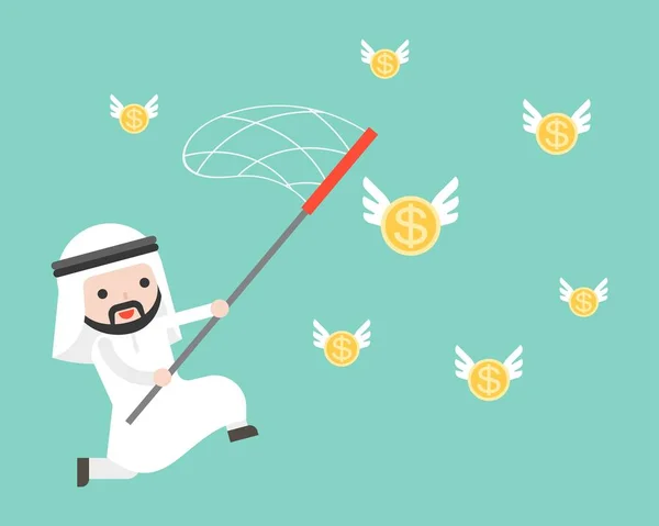 Άραβας Επιχειρηματίας Χρήση Δίχτυ Για Σύλληψη Των Ιπτάμενα Χρυσά Νομίσματα — Διανυσματικό Αρχείο