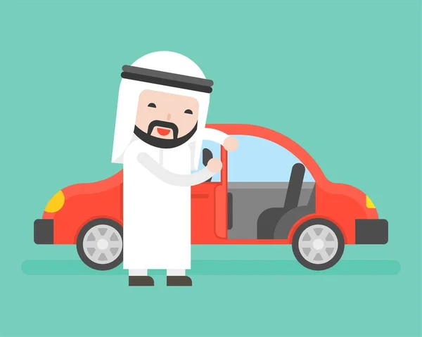 Arab Businessman or salesman open car's door for customer, business situation for car rental service, flat design