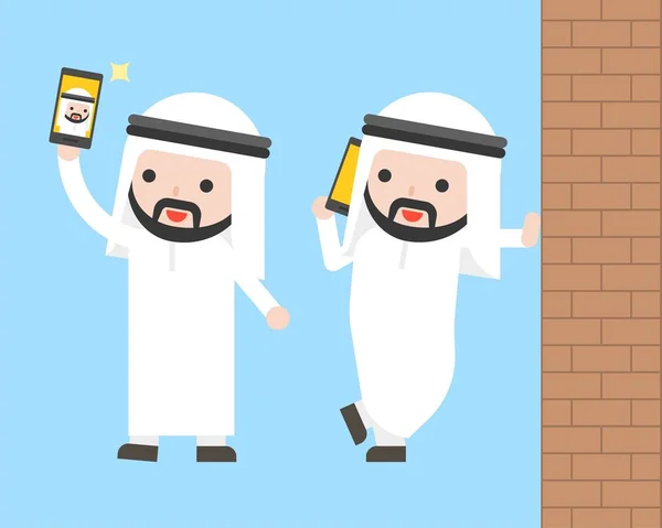 Arap Işadamı Cep Telefonu Selfie Duvar Düz Tasarımı Karakter Kullanıma — Stok Vektör