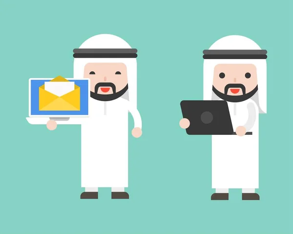 Arabischer Geschäftsmann Und Laptop Flaches Design Gebrauchsfertiger Charakter — Stockvektor
