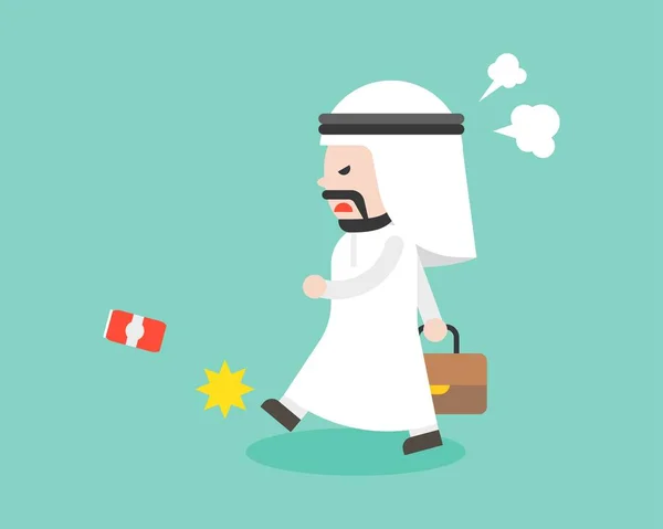 Angry Arab Businessman Walking Kick Can Vector Flat Design Character — Stock Vector